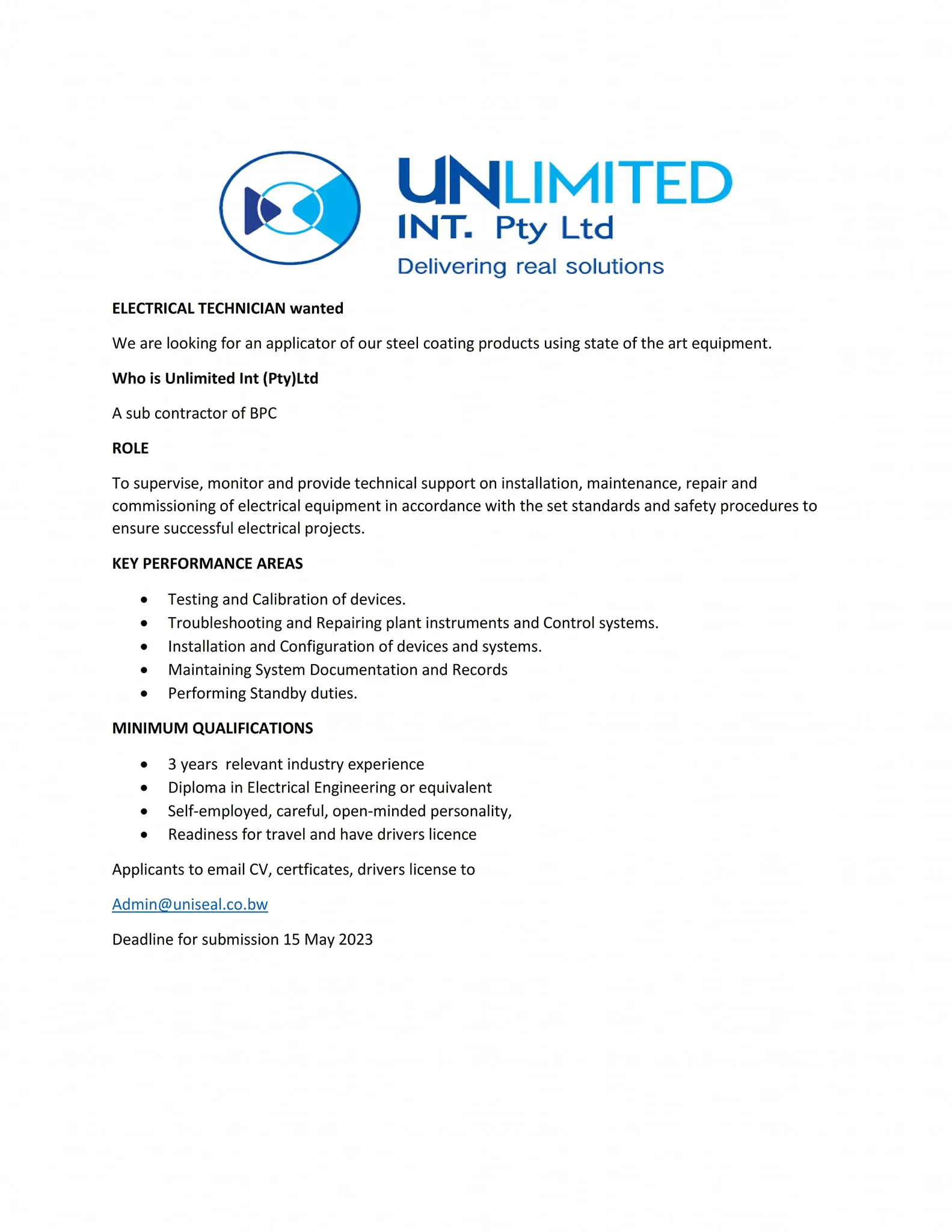 electrical technician unlimited int » Sky Jobs
