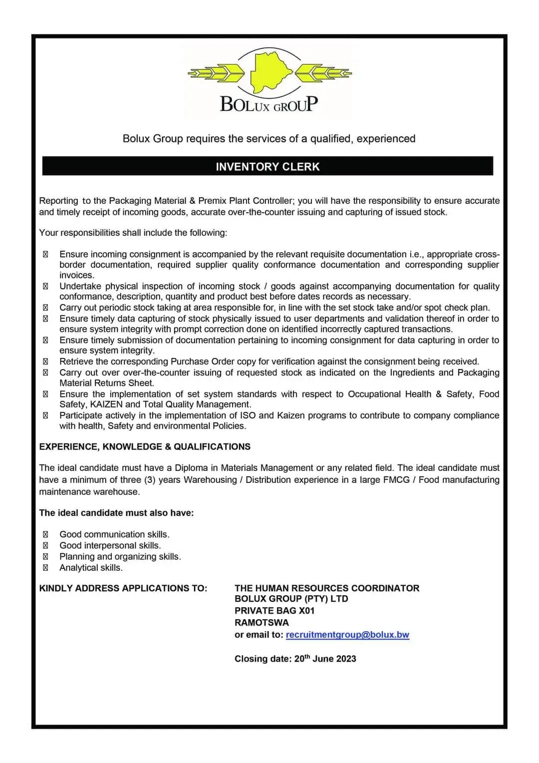 bolux inventory clerk » Sky Jobs